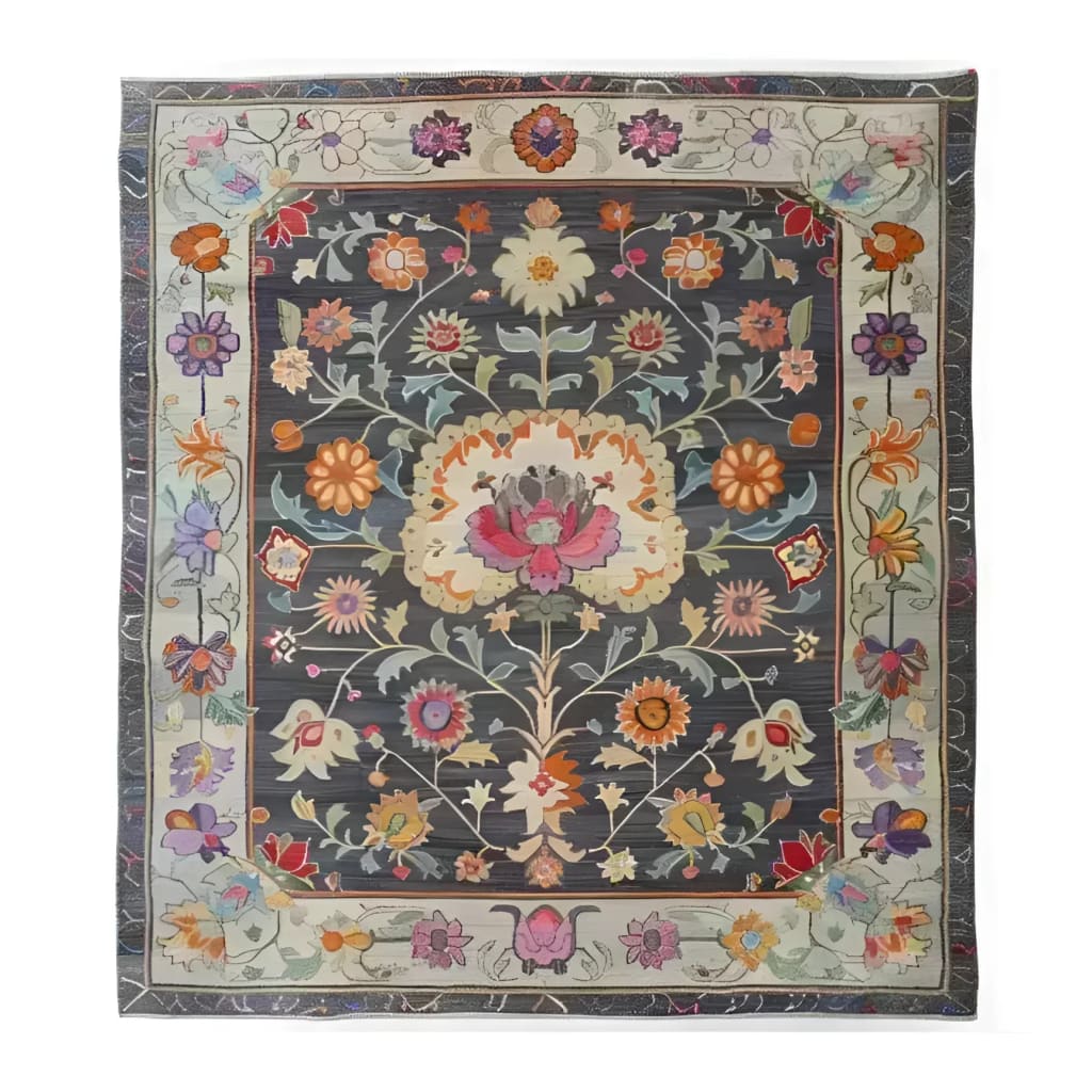 Charming Heirloom Petals Classic Hand Tufted Rug displaying a vintage floral design in rich, colorful tones on a dark background. This large 8x10 area rug is perfect for adding a touch of elegance to any living room. Made from high-quality wool, it's both a floral and vintage rug that enhances the ambiance of your space.