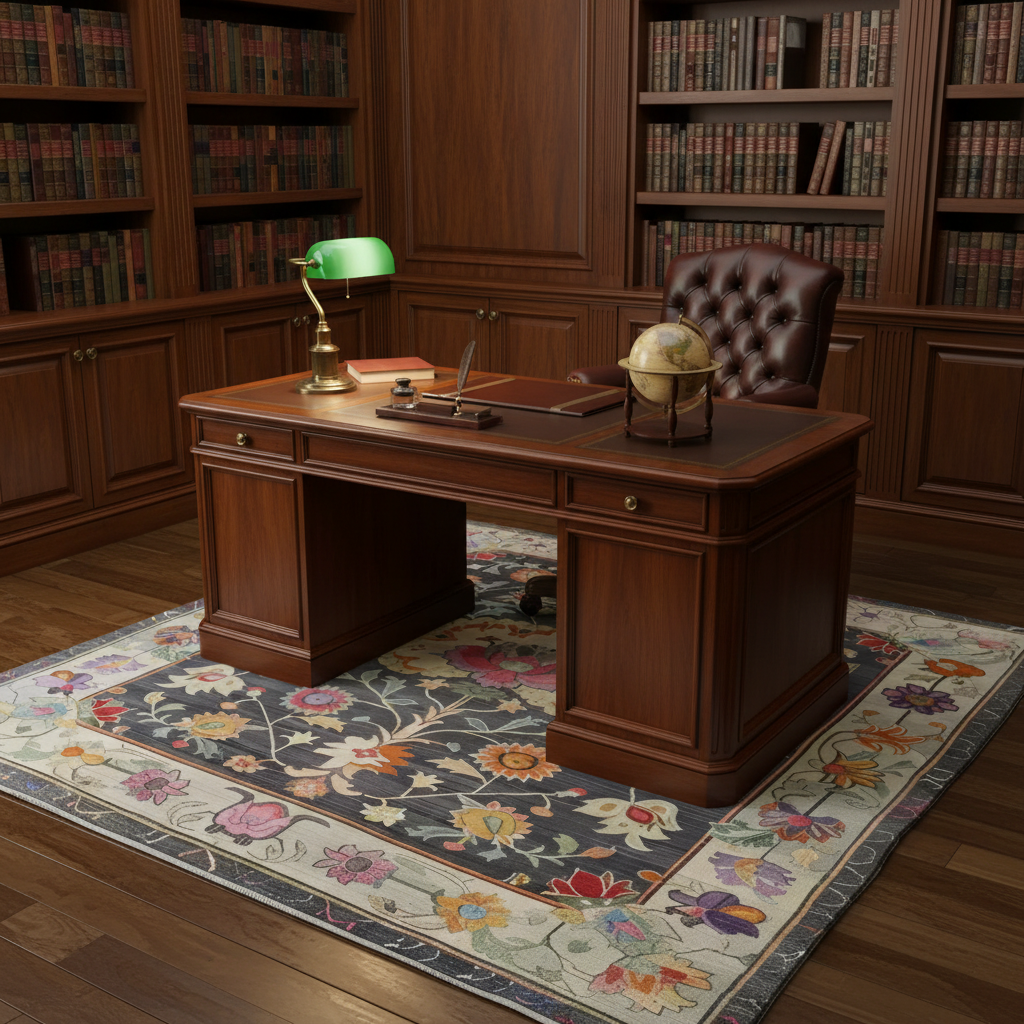 Wooden desk in a library setting with a vintage inspired wool rug, with books on shelves and a lamp.