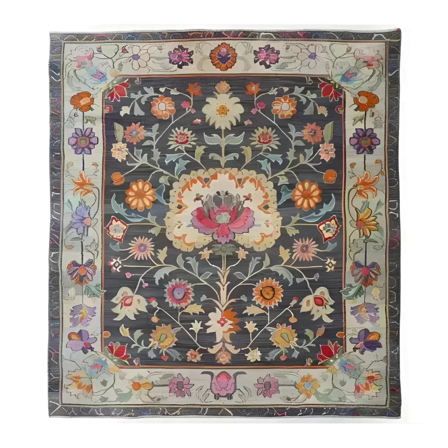 Charming Heirloom Petals Classic Hand Tufted Rug displaying a vintage floral design in rich, colorful tones on a dark background. This large 8x10 area rug is perfect for adding a touch of elegance to any living room. Made from high-quality wool, it's both a floral and vintage rug that enhances the ambiance of your space.