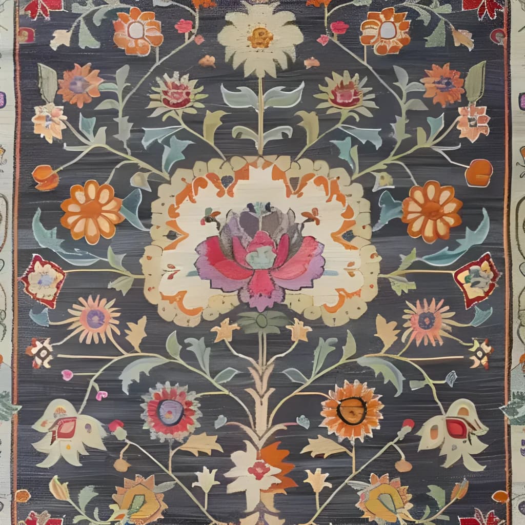 Detailed view of the Heirloom Petals Classic Hand Tufted Rug, showcasing a vibrant floral design in rich colors. This wool area rug is perfect for adding a vintage touch to your living room. The 8x10 size makes it an ideal large area rug for any space.
