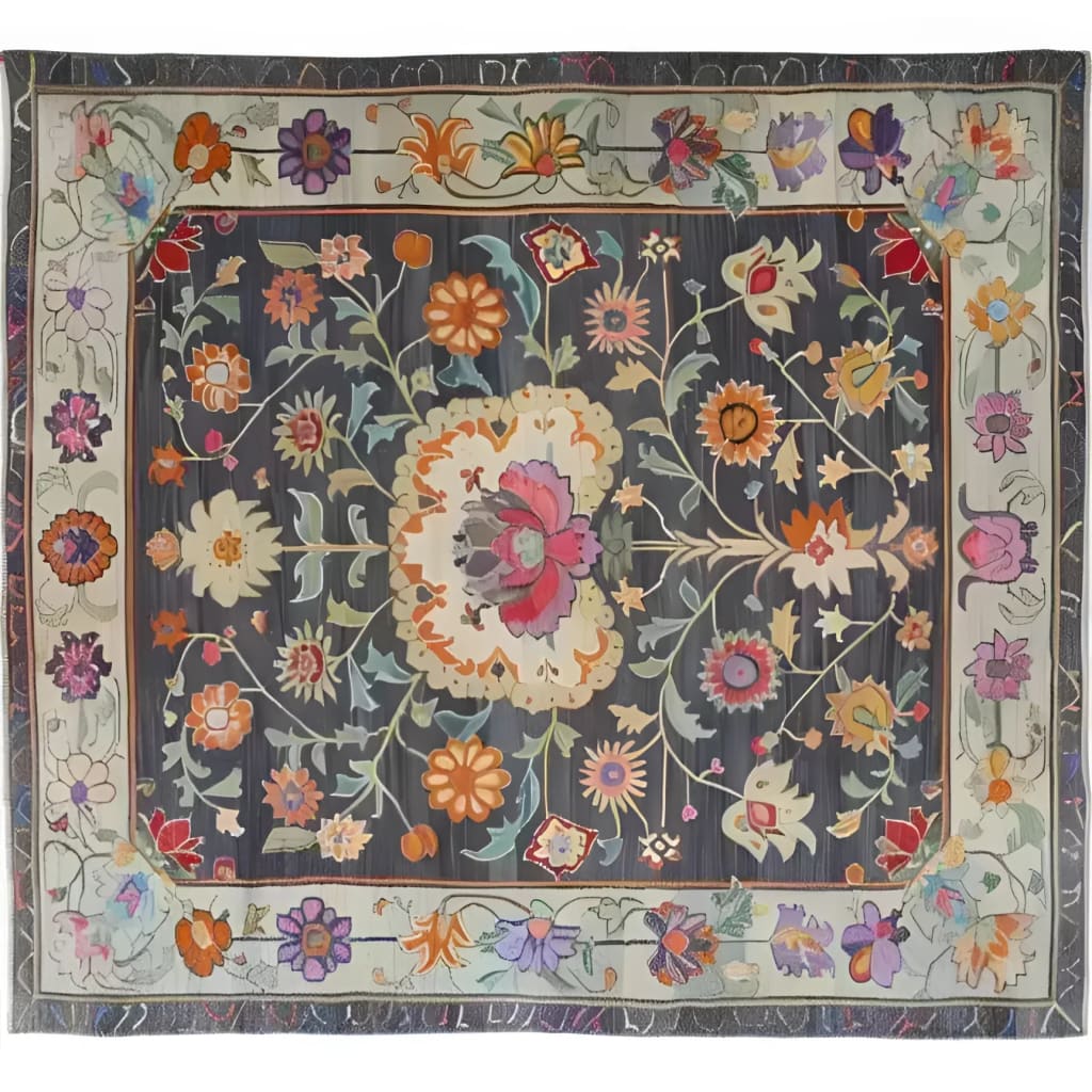 A beautifully intricate Heirloom Petals Classic Hand Tufted Area Rug, perfect for vintage or floral-themed living rooms. This 8x10 wool rug features a stunning array of colorful flowers set against a dark background, exuding a timeless charm. Ideal as a large area rug for adding warmth and elegance to any living room space.