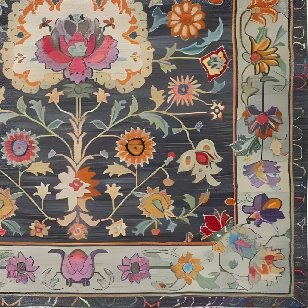 A beautifully crafted Heirloom Petals Classic Hand Tufted Area Rug, perfect for adding elegance to any living room. This 8x10 wool rug features an intricate floral pattern with vibrant colors on a dark background, giving it a vintage charm. Ideal for those seeking large area rugs with a touch of sophistication.