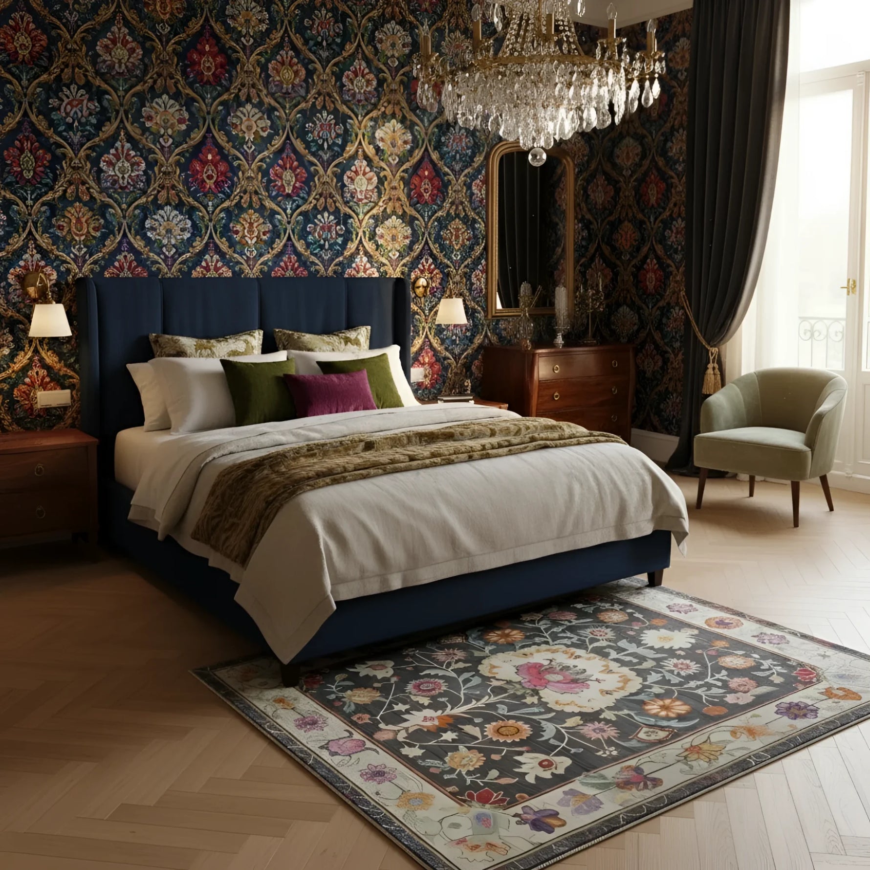 Heirloom Petals hand tufted rug in a grand bedroom, dark charcoal field with multicolor floral pattern and cream floral border