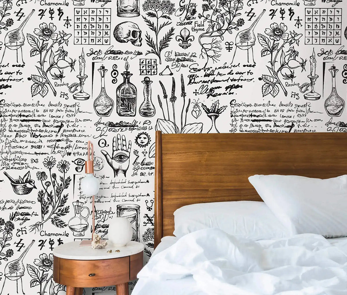 Herbal alchemy wallpaper detail with botanical drawings, candles and script behind a wood-framed bed