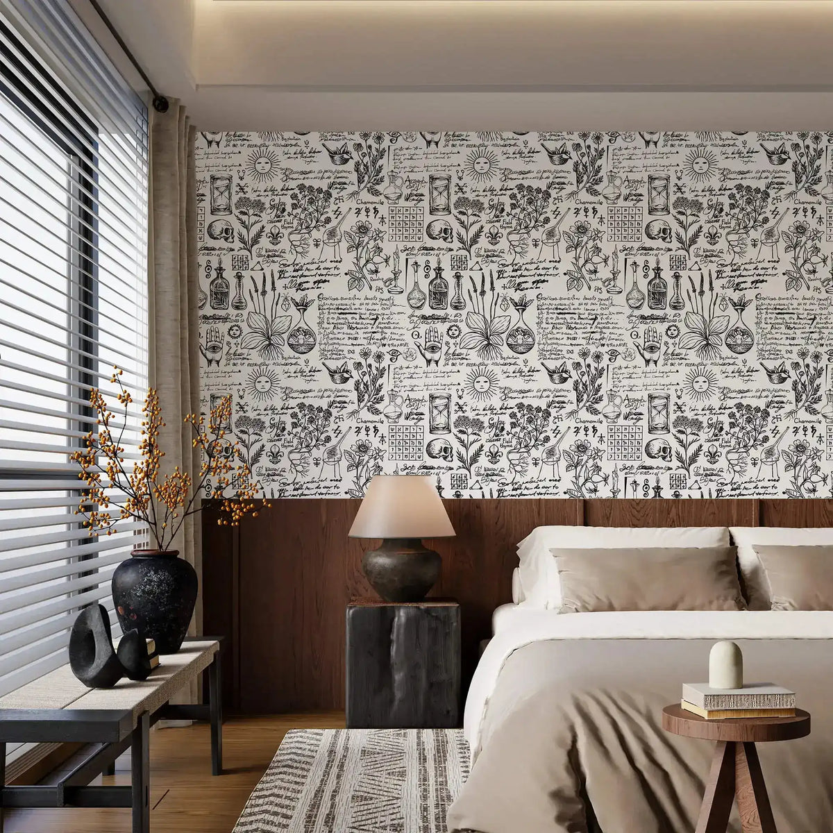 Herbal alchemy wallpaper with fine botanical sketches above wood paneling in a serene neutral bedroom