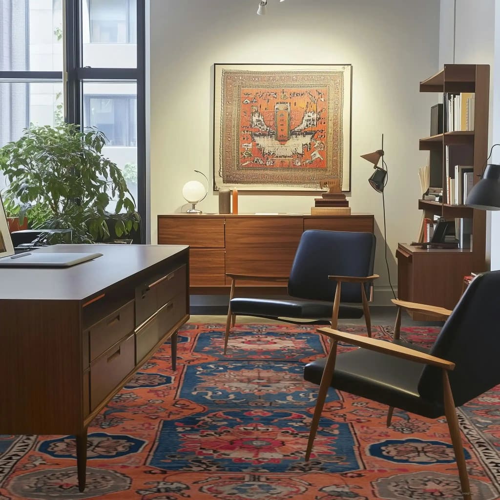 A stylish office space featuring a Heritage Bloom Hand Knotted Area Rug. This vintage rug showcases intricate Persian designs, adding elegance to the large living room setting. The vibrant patterns complement the modern wooden furniture and the framed artwork on the wall, creating a harmonious and inviting atmosphere.
