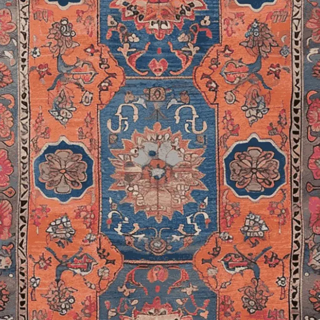 The Heritage Bloom Hand Knotted Rug showcases a stunning blend of vibrant blue and orange hues, featuring intricate floral patterns typical of vintage Persian rugs. Perfect for those seeking large living room area rugs, this piece adds a timeless elegance and warmth to any space.