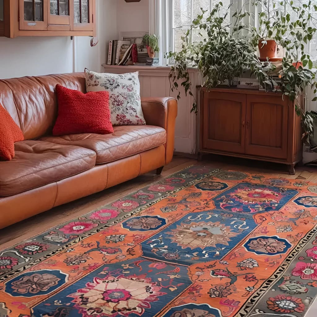 Cozy living room featuring a Heritage Bloom Hand Knotted Rug with vibrant vintage patterns in rich blues and oranges. This large area rug enhances the space with a Persian rug style, perfectly complementing the leather sofa and wooden cabinet. Ideal for anyone seeking area rugs for living room decor.