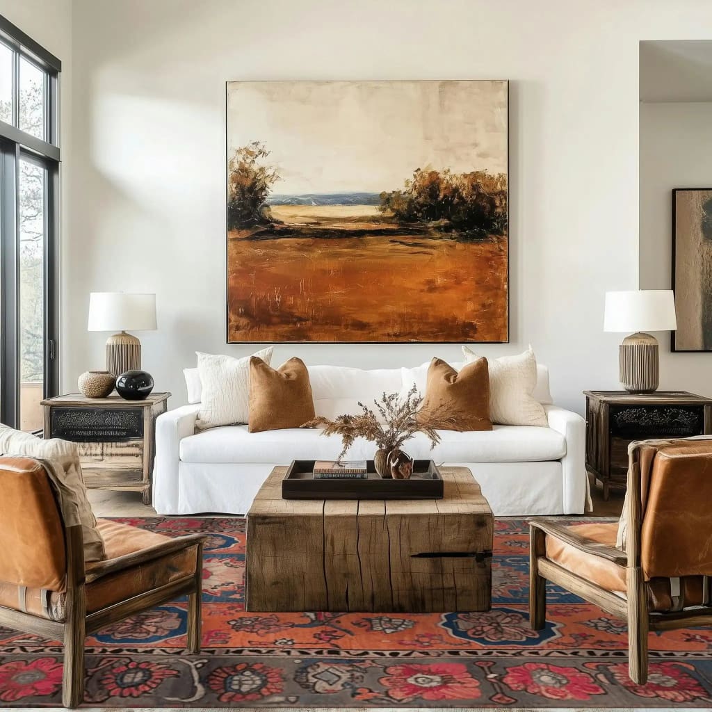 A beautifully styled living room featuring a Heritage Bloom Hand Knotted Area Rug with rich vintage patterns. This large living room rug showcases intricate Persian designs in warm tones, complementing the cozy, elegant decor. The area rug enhances the space, adding charm and sophistication to the modern setting.