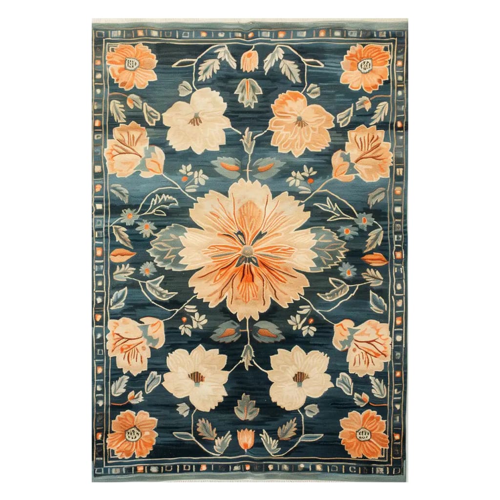 Beautiful Heritage Bloom hand-tufted wool area rug featuring an intricate floral pattern with vibrant orange and cream flowers on a rich blue background, perfect for adding elegance to any living room.