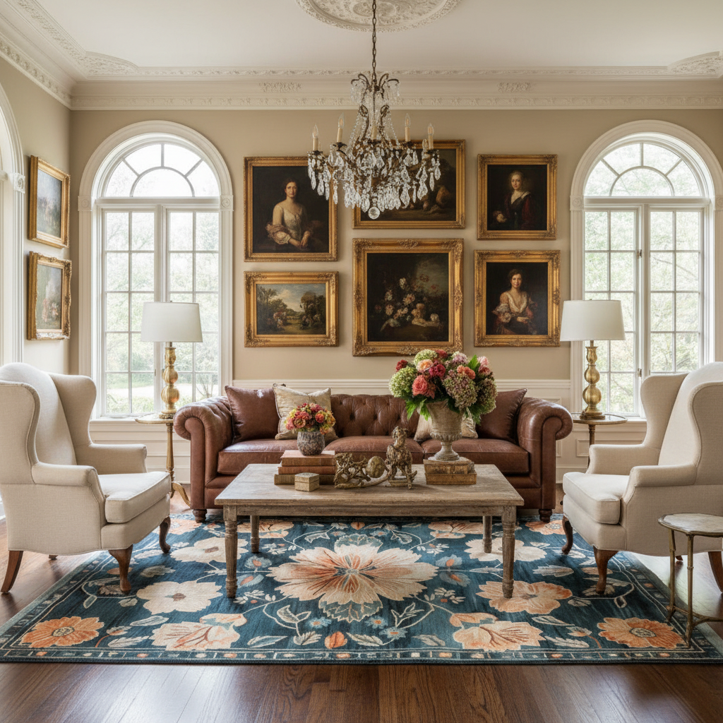 Luxurious living room with classical decor, including a chandelier, paintings, and floral arrangements.