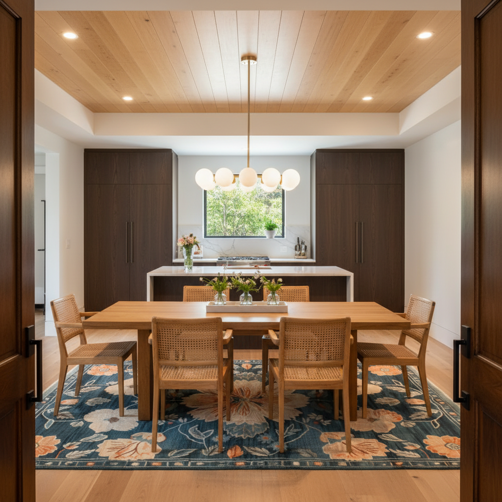 A modern dining room scene with a rectangular light wood dining table and six woven-back chairs on a blue floral area rug, viewed through an open doorway. The room has light wood ceiling panels, recessed lighting, dark wood cabinetry, and a kitchen island in the background.