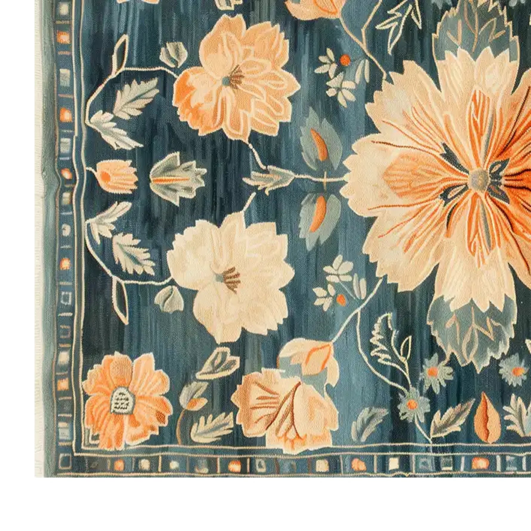 Close-up of the Heritage Bloom Hand Tufted Wool Rug showcasing an intricate floral design. This area rug features vibrant orange and cream flowers against a rich blue background, perfect for adding elegance to living room decor.