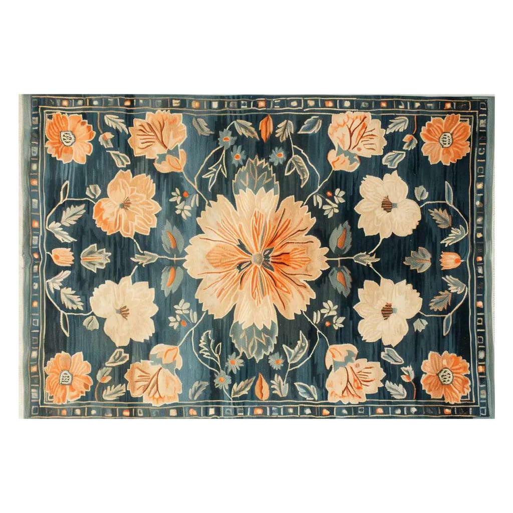 Top view of the Heritage Bloom Hand Tufted Wool Rug, showcasing its intricate floral design with vibrant orange and cream flowers on a deep blue background. This area rug is perfect for adding a touch of elegance to your living room.