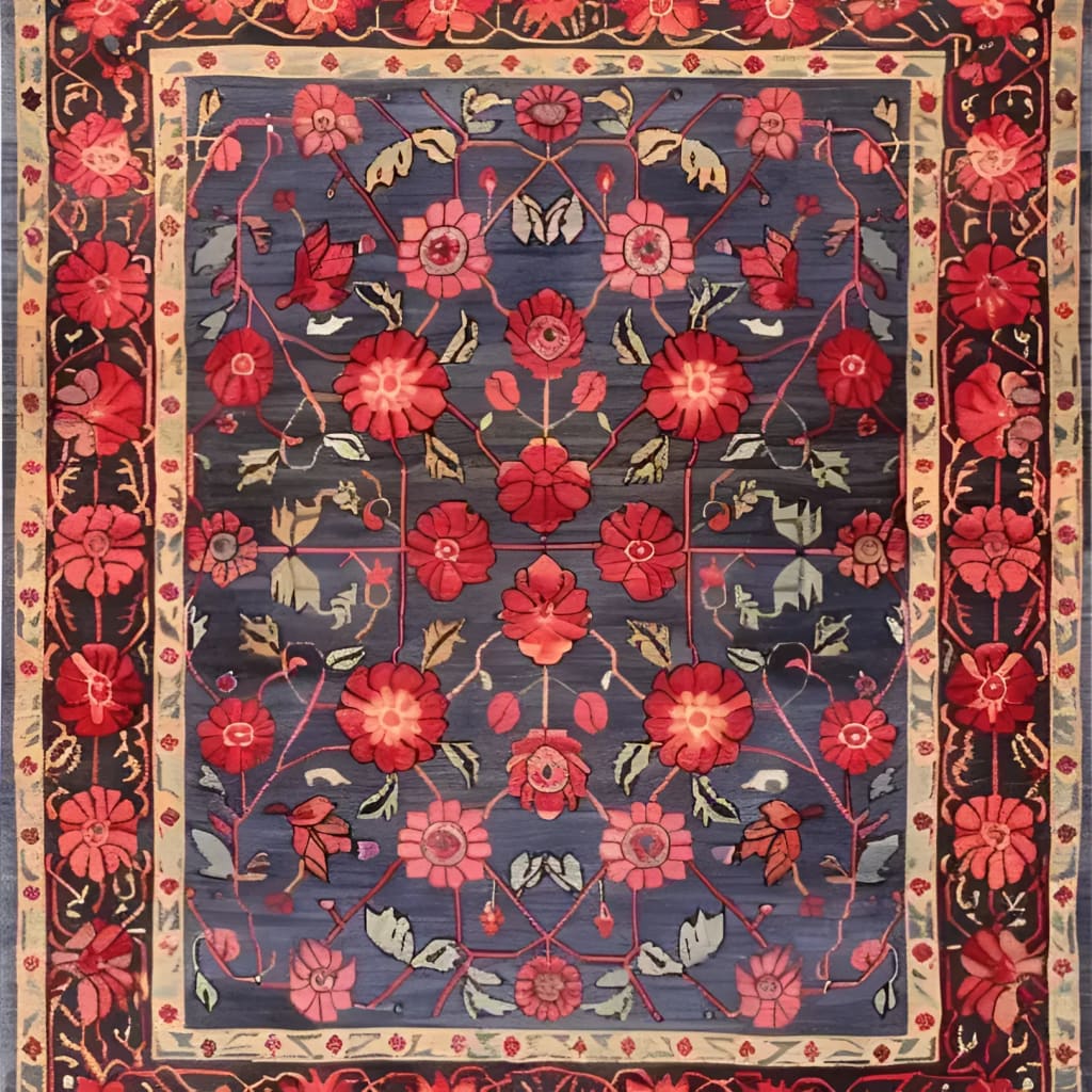 This Heritage Chic Hand Knotted Area Rug showcases a vibrant floral design, reminiscent of vintage Persian rugs. The rich blue background sets off the intricate red and pink flowers, creating a stunning centerpiece perfect for any living room.