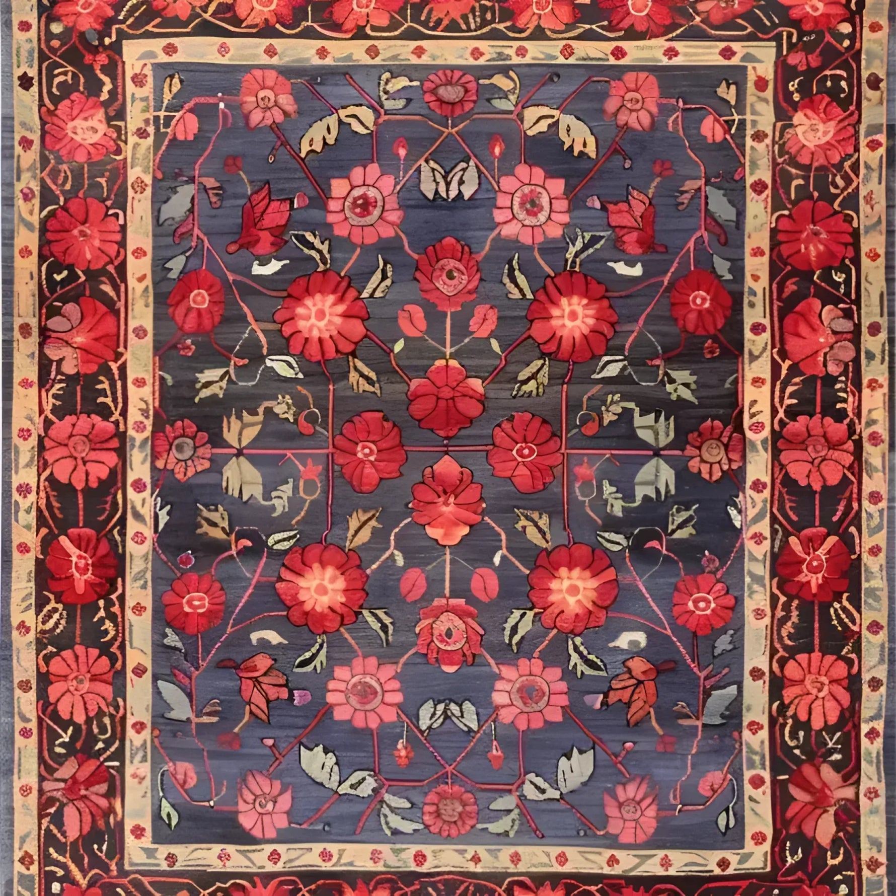 This Heritage Chic Hand Knotted Area Rug showcases a vibrant floral design, reminiscent of vintage Persian rugs. The rich blue background sets off the intricate red and pink flowers, creating a stunning centerpiece perfect for any living room.