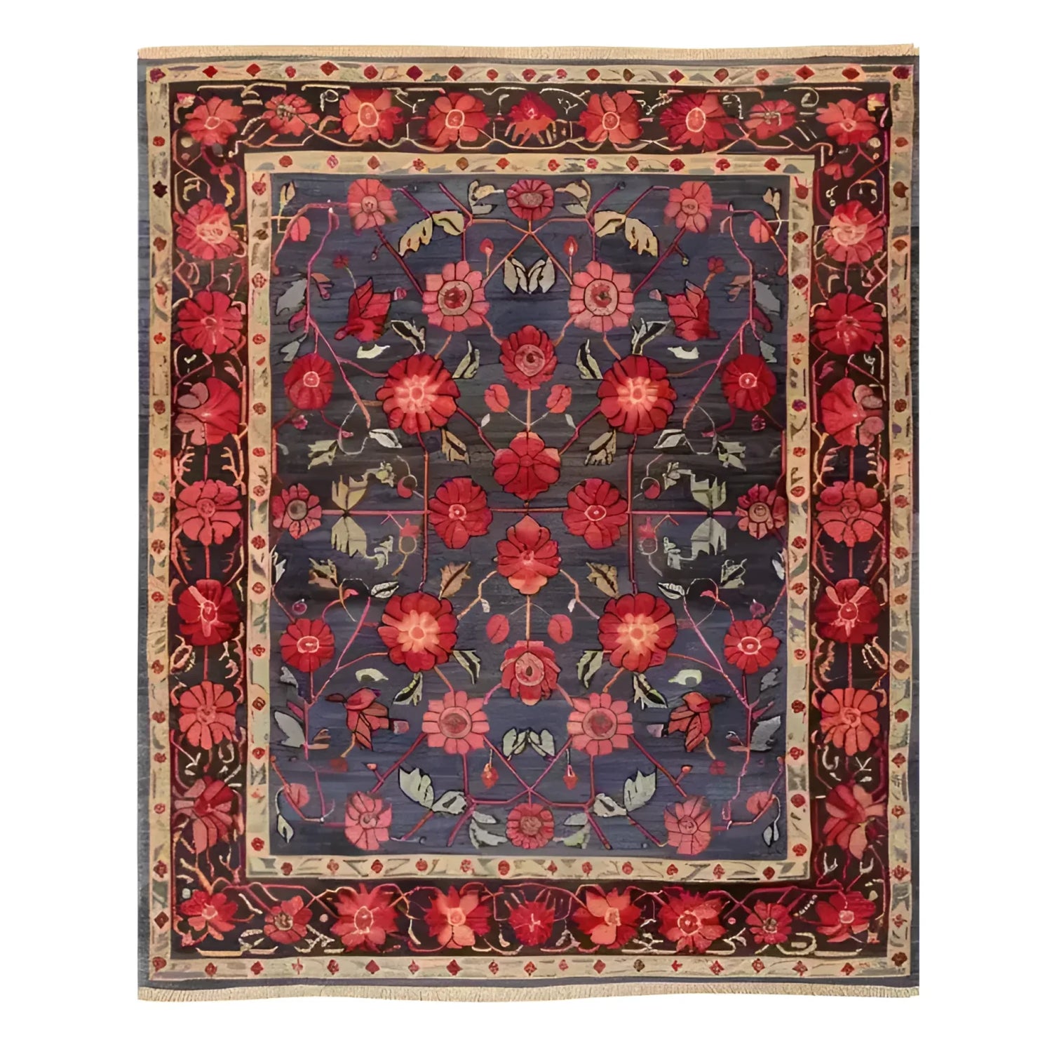 The Heritage Chic Hand Knotted Area Rug showcases a vintage floral design, perfect for adding elegance to your living room. This Persian-style rug features vibrant red and blue hues, intricately woven to create a captivating centerpiece.
