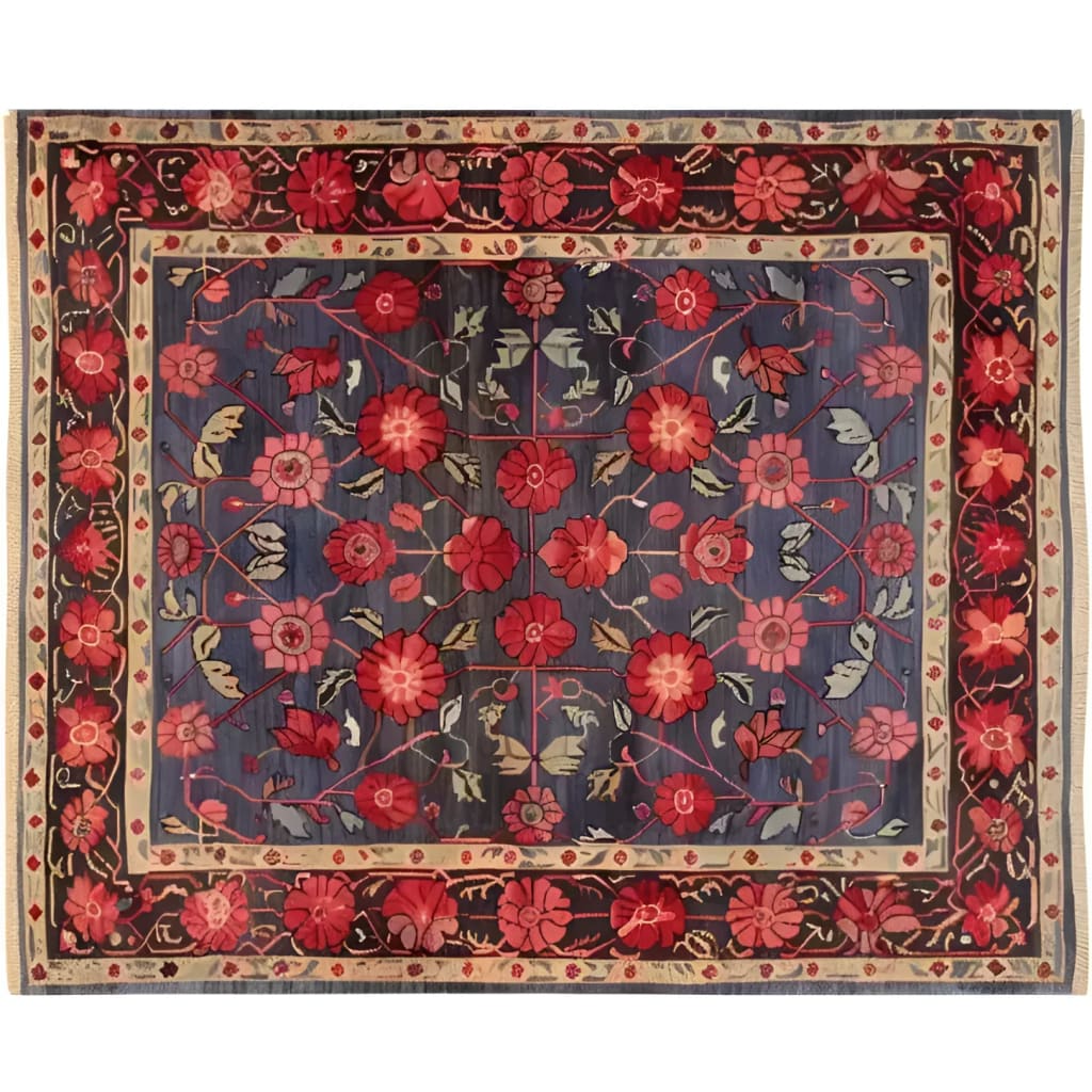 This Heritage Chic Hand Knotted Area Rug showcases a stunning vintage design with intricate floral patterns. The Persian-inspired rug features vibrant red and blue hues, perfect for adding elegance to any living room.