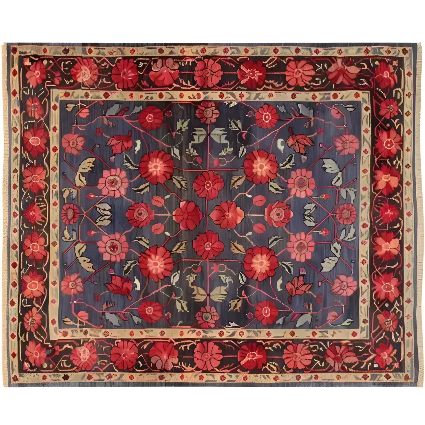 This Heritage Chic Hand Knotted Area Rug showcases a stunning vintage design with intricate floral patterns. The Persian-inspired rug features vibrant red and blue hues, perfect for adding elegance to any living room.