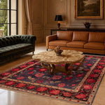 A stylish living room featuring a Heritage Chic Hand Knotted Area Rug with a rich floral pattern, blending vintage and Persian rug aesthetics. This elegant floral rug, perfect for living rooms, showcases intricate designs in vibrant hues, enhancing the classic decor with its luxurious appeal.