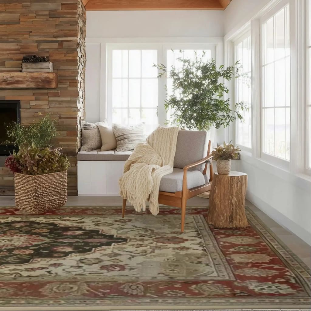 Cozy living room with a fireplace, armchair, hand knotted persian rug, and decorative elements.