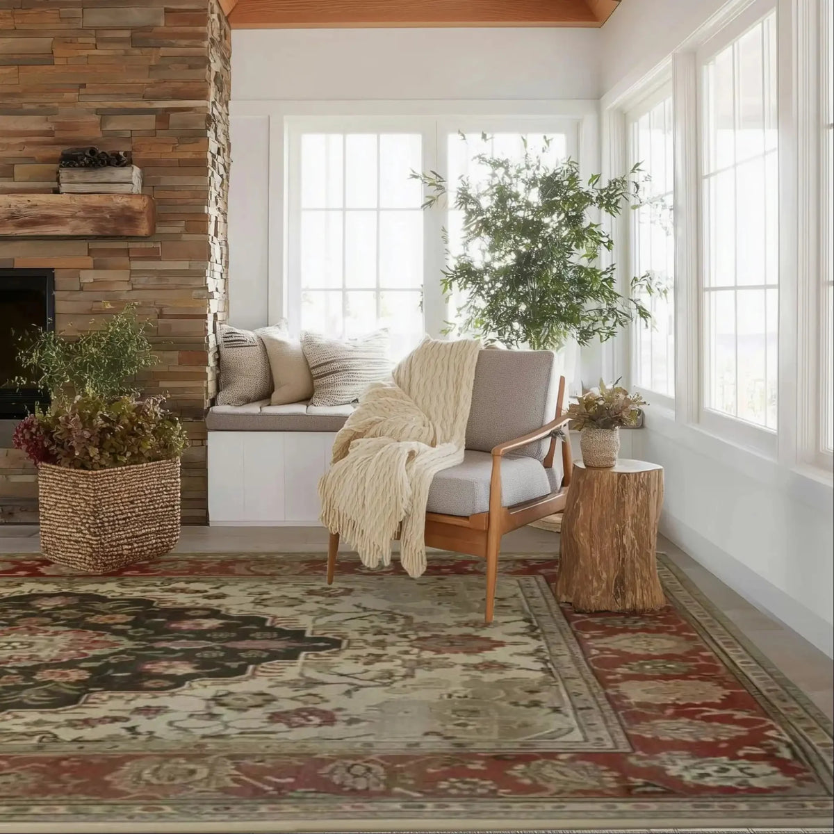 Cozy living room with a fireplace, armchair, hand knotted persian rug, and decorative elements.