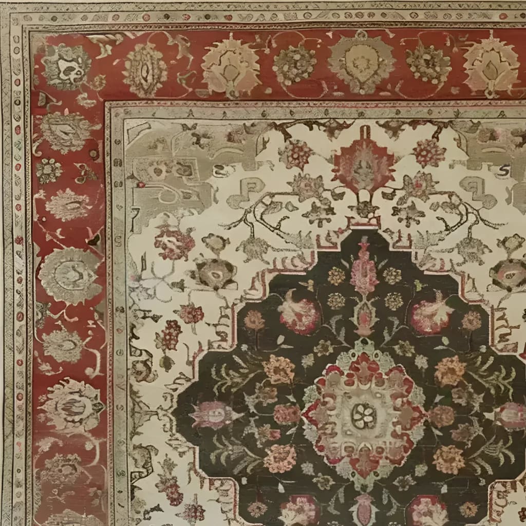 A close-up view of the Heritage Floral Elegance Hand Knotted Area Rug, showcasing its intricate floral patterns in rich hues of red, beige, and green. This vintage rug exudes timeless charm, perfect for adding a touch of elegance to living room spaces. Ideal for those seeking Persian-inspired, floral rugs as area rugs for living rooms.
