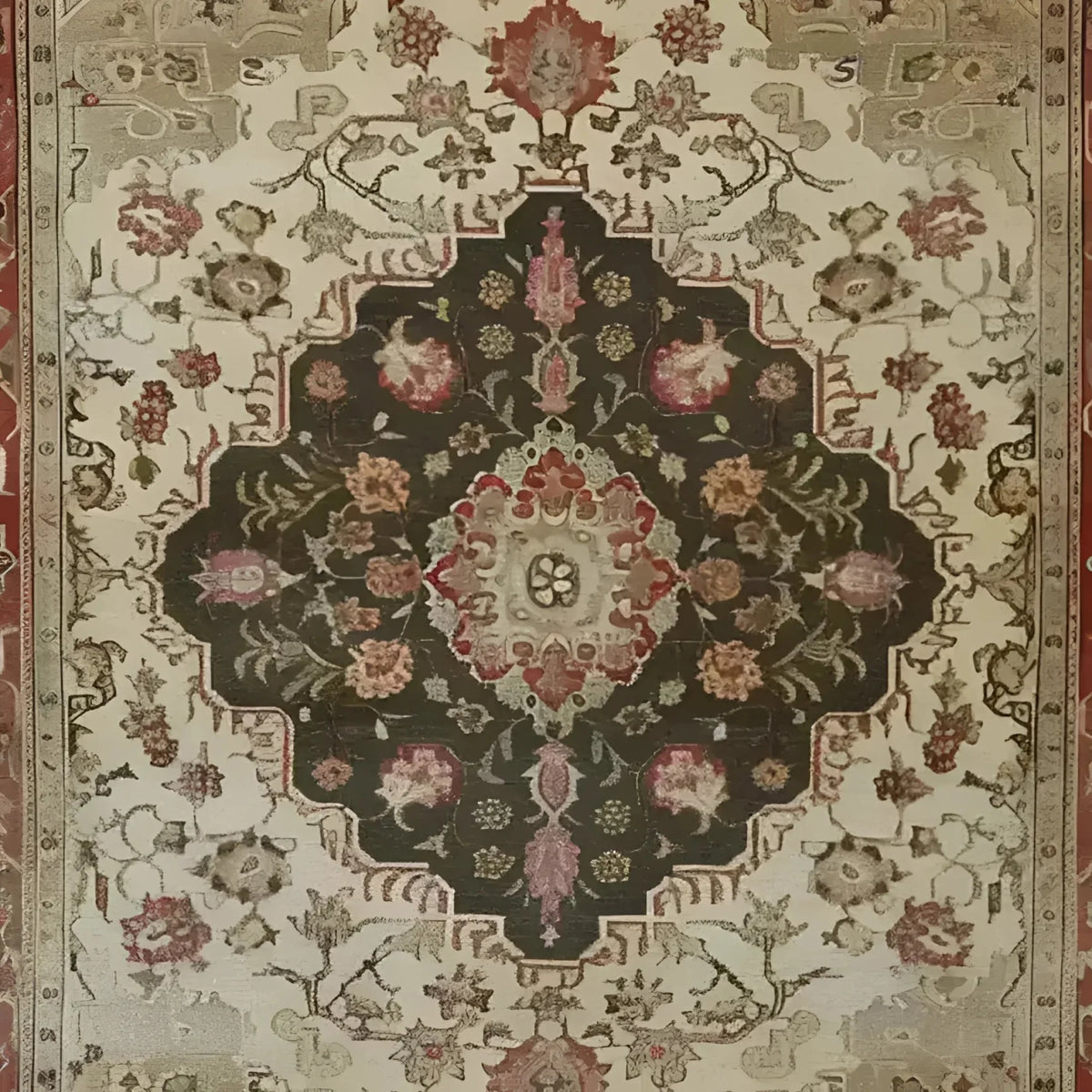 Elegant Heritage Floral Elegance Hand Knotted Area Rug featuring intricate floral patterns with a vintage Persian design. Perfect for enhancing living room decor, this rug showcases a rich combination of earthy tones with a central medallion, embodying the charm of classic Persian rugs.