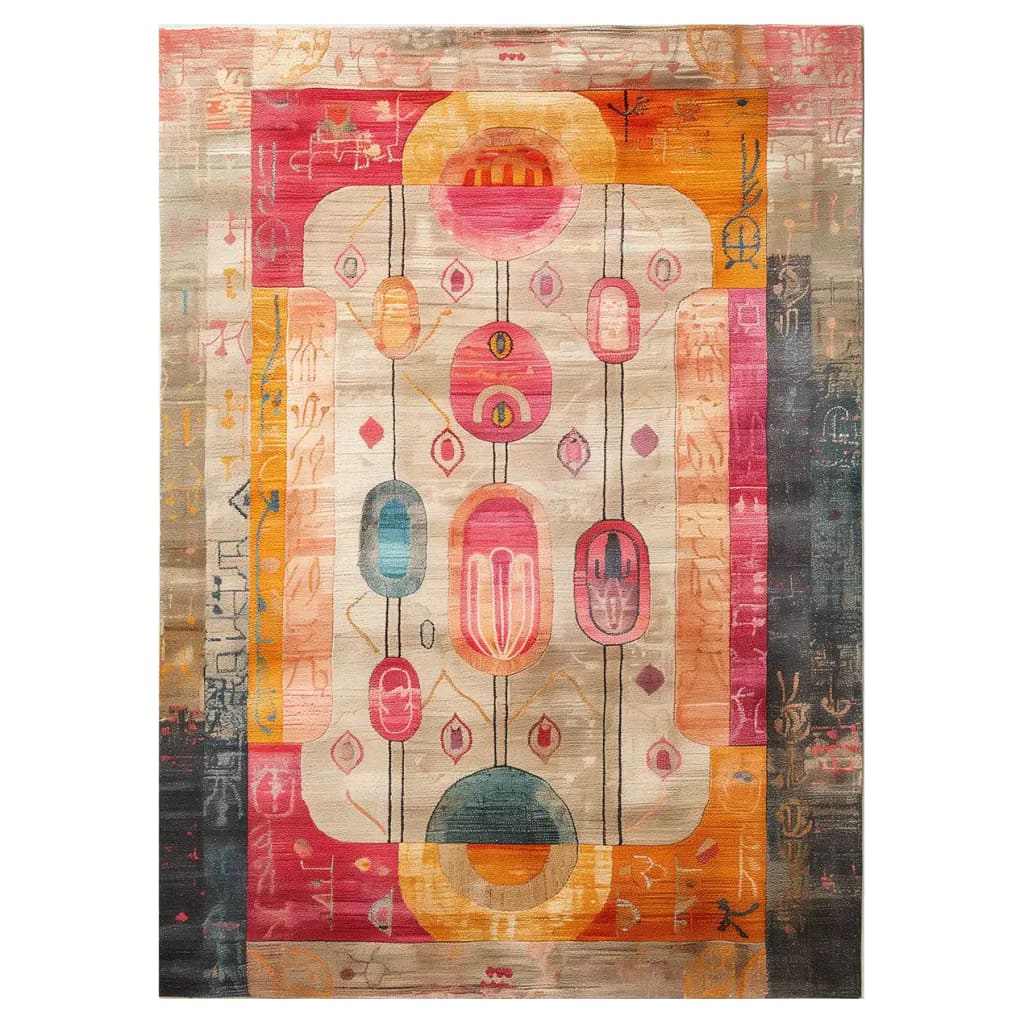 A vibrant Heritage Fusion Hand Tufted Wool Rug featuring an abstract design with bold pink, orange, and blue geometric patterns. This area rug is perfect for adding a vintage touch to your living room decor.