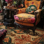 A luxurious Heritage of Persia Wool Hand Knotted Area Rug graces a cozy living room setting, enhancing the space with its intricate floral patterns. The square area rug, perfect for large living rooms or offices, showcases rich colors and premium wool texture that complements the elegant, vintage-style furniture. This wool rug adds a touch of sophistication and warmth, making it an ideal choice for both living room and office rugs.