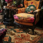 A luxurious Heritage of Persia Wool Hand Knotted Area Rug graces a cozy living room setting, enhancing the space with its intricate floral patterns. The square area rug, perfect for large living rooms or offices, showcases rich colors and premium wool texture that complements the elegant, vintage-style furniture. This wool rug adds a touch of sophistication and warmth, making it an ideal choice for both living room and office rugs.