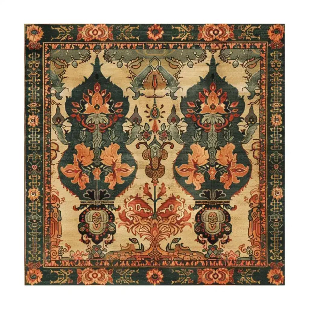 A beautifully intricate Heritage of Persia Wool Hand Knotted Area Rug in a square shape. This large living room rug features rich, detailed patterns with vibrant colors, perfect for adding elegance to a living room or office. The wool rug showcases traditional Persian designs, making it an exquisite choice for those seeking high-quality office rugs.