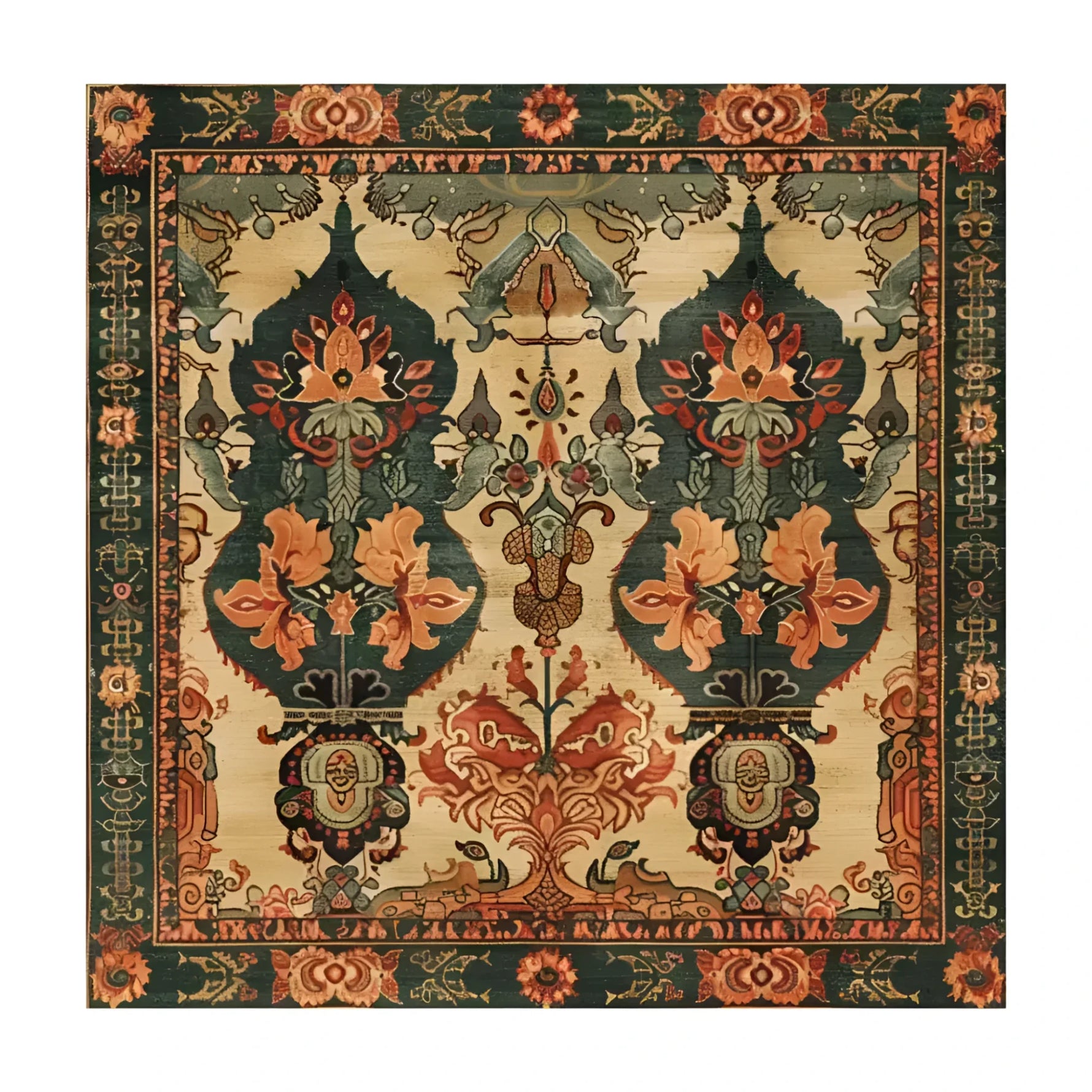 A beautifully intricate Heritage of Persia Wool Hand Knotted Area Rug in a square shape. This large living room rug features rich, detailed patterns with vibrant colors, perfect for adding elegance to a living room or office. The wool rug showcases traditional Persian designs, making it an exquisite choice for those seeking high-quality office rugs.