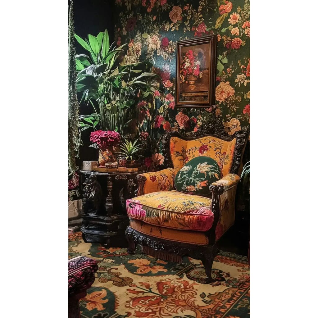 A luxurious living room showcasing a Heritage of Persia Wool Hand Knotted Area Rug. The rug features intricate floral patterns in rich colors, complementing the ornate armchair and floral wallpaper. Ideal for large living rooms or offices, this wool rug adds elegance and warmth to any space.