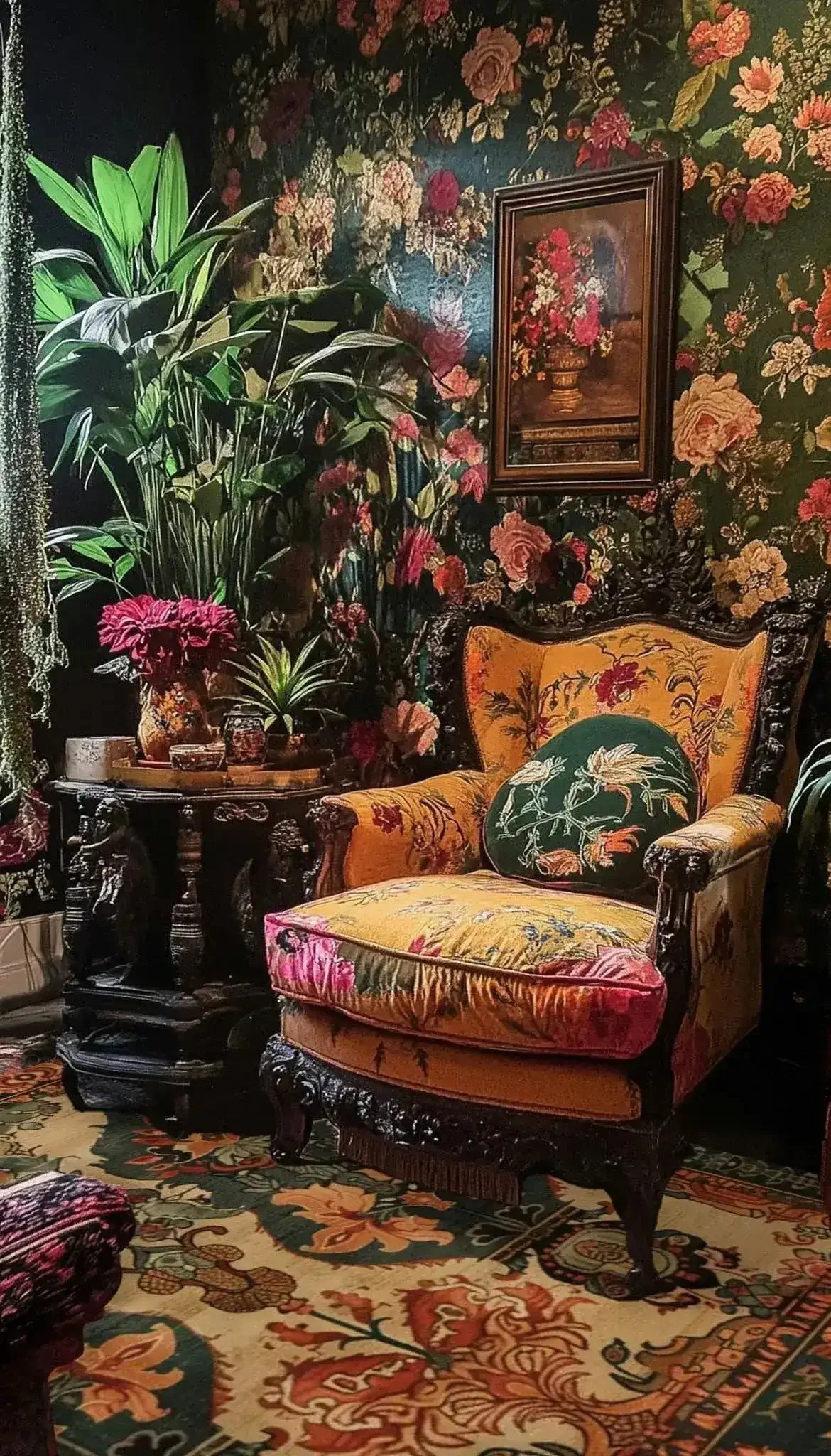 A luxurious living room showcasing a Heritage of Persia Wool Hand Knotted Area Rug. The rug features intricate floral patterns in rich colors, complementing the ornate armchair and floral wallpaper. Ideal for large living rooms or offices, this wool rug adds elegance and warmth to any space.