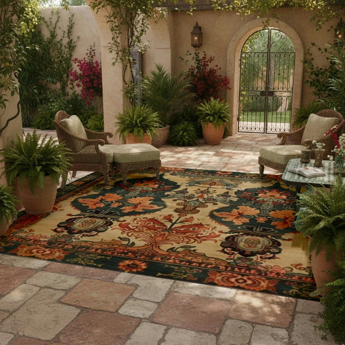 Heritage of Persia wool hand knotted area rug, ornate rust and teal floral medallions on a stone patio