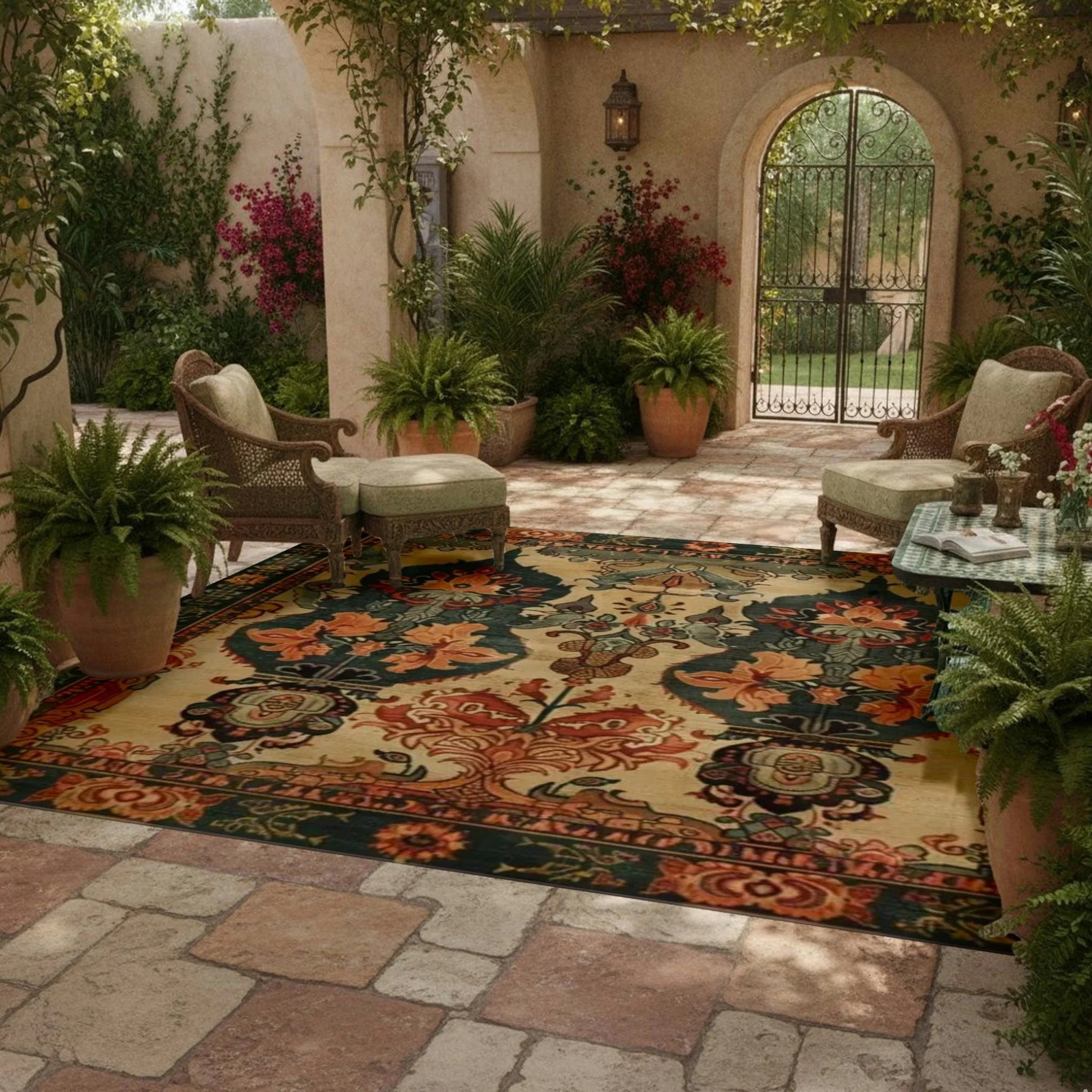 Heritage of Persia wool hand knotted area rug, ornate rust and teal floral medallions on a stone patio