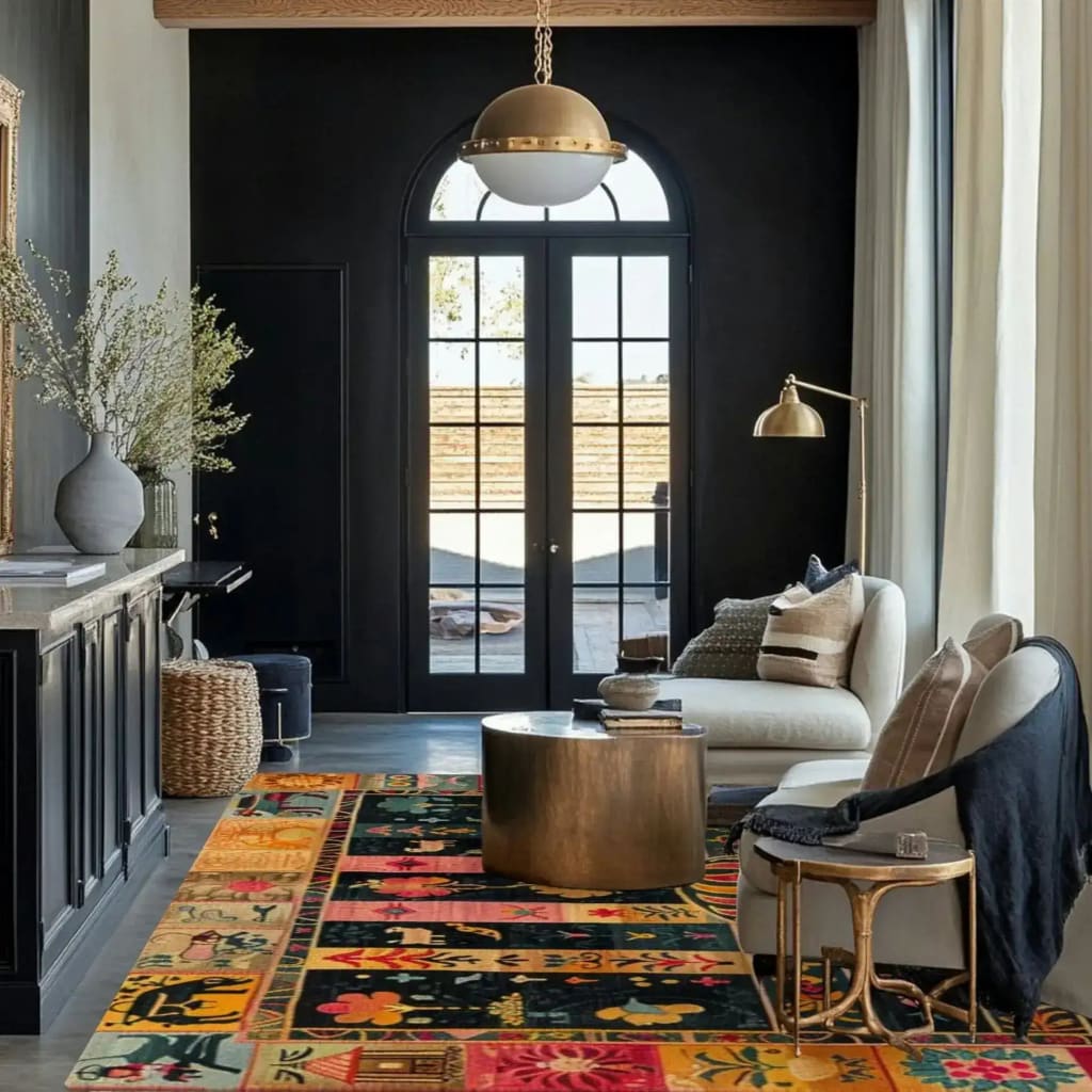 A stylish living room featuring a Heritage Swedish Wool Hand Knotted Area Rug. This large area rug, with its vibrant geometric and abstract patterns, adds warmth and elegance to the space. The square rug complements the contemporary furniture, creating a cozy and inviting atmosphere ideal for a large living room.