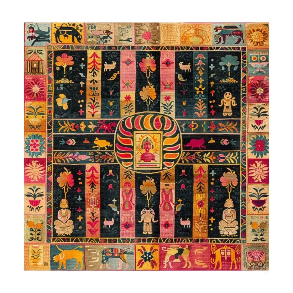 Vibrant Heritage Swedish Wool Hand Knotted Area Rug featuring a colorful, intricate pattern of abstract motifs and figures. This square area rug is perfect for large living rooms, adding a touch of artistic flair and warmth with its rich wool texture and detailed craftsmanship.