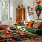 A beautifully decorated living room featuring a Heritage Swedish Wool Hand Knotted Area Rug. This square area rug showcases an intricate design in vibrant colors, perfect for adding warmth and style to a large living room. The wool rug complements the room's eclectic decor, including a green sofa with colorful pillows and abstract wall art, creating an inviting and artistic space.