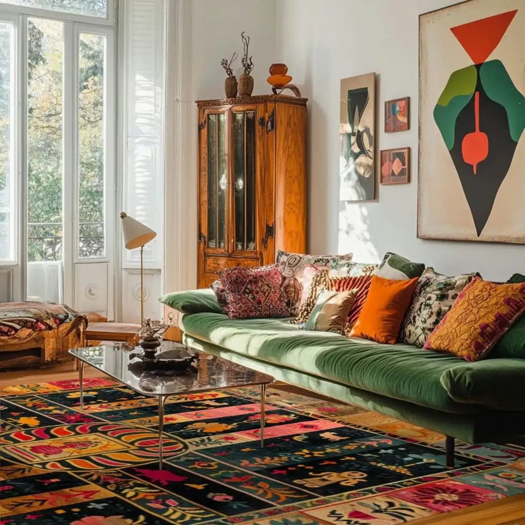 A beautifully decorated living room featuring a Heritage Swedish Wool Hand Knotted Area Rug. This square area rug showcases an intricate design in vibrant colors, perfect for adding warmth and style to a large living room. The wool rug complements the room's eclectic decor, including a green sofa with colorful pillows and abstract wall art, creating an inviting and artistic space.