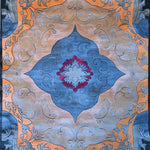 Top view of the Heritage Voyage Hand Tufted Area Rug, featuring a vintage design with intricate patterns in blue, orange, and red hues. Perfect for adding a touch of elegance to dining rooms and living rooms, this 8x10 wool rug enhances any space with its classic charm.