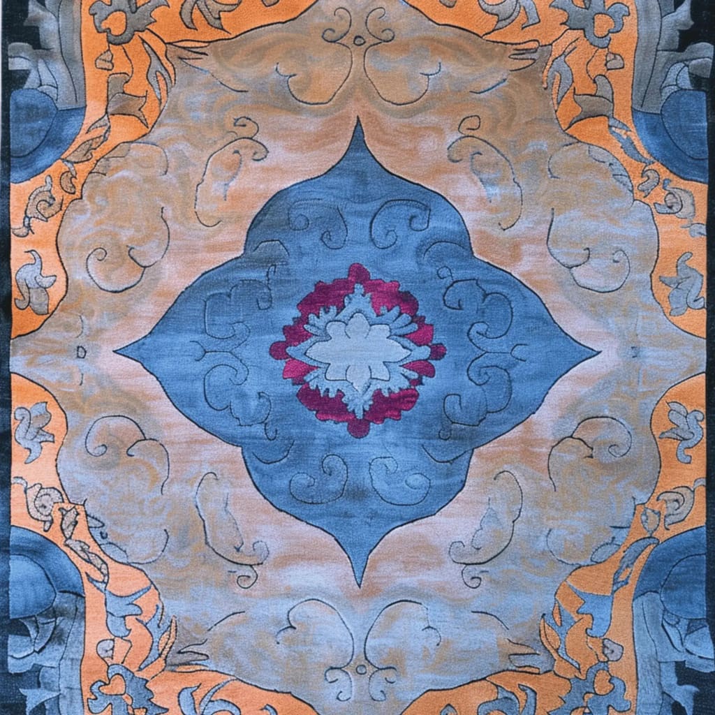 Top view of the Heritage Voyage Hand Tufted Area Rug, featuring a vintage design with intricate patterns in blue, orange, and red hues. Perfect for adding a touch of elegance to dining rooms and living rooms, this 8x10 wool rug enhances any space with its classic charm.