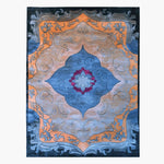 A beautifully designed Heritage Voyage Hand Tufted Area Rug featuring intricate patterns in shades of blue, orange, and gray. Perfect for adding a vintage touch to your dining room or living room. This wool rug is available in an 8x10 size, making it an ideal choice for large spaces.