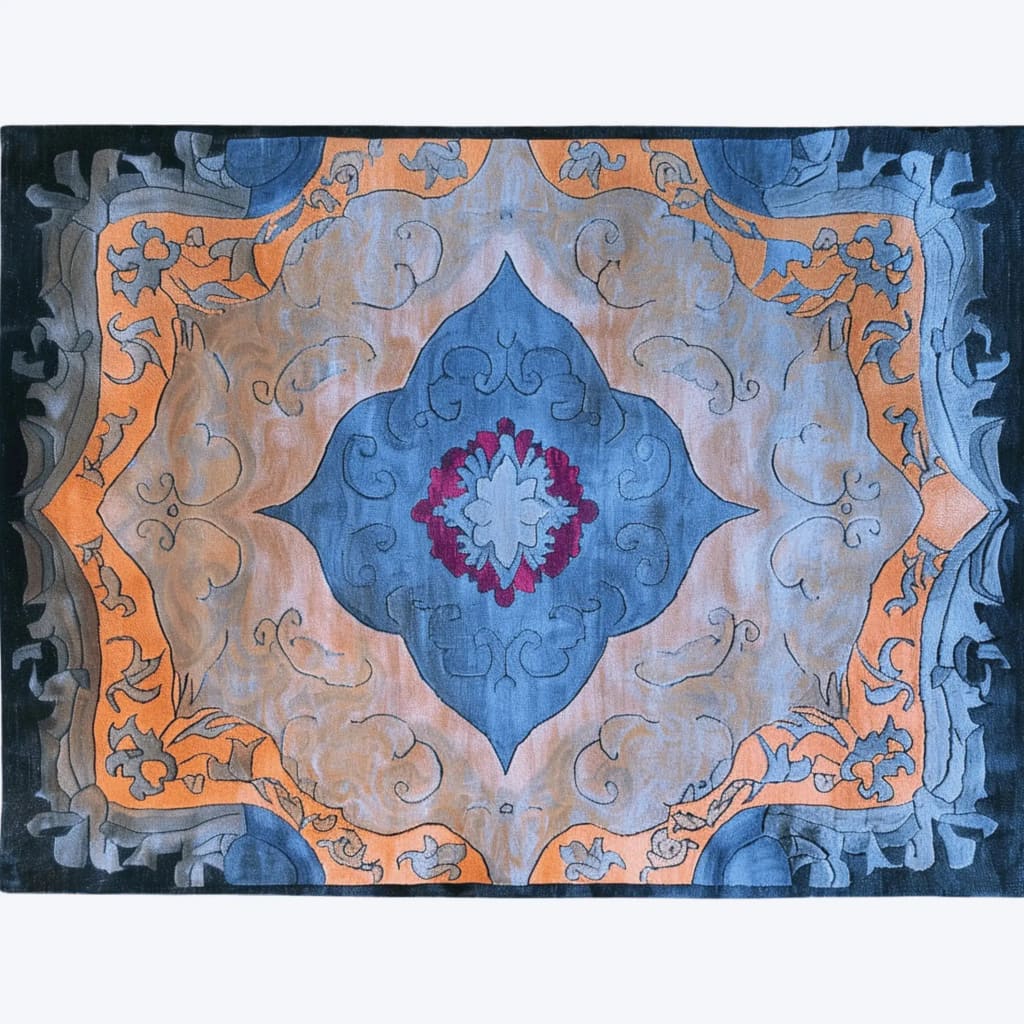 The Heritage Voyage Hand Tufted Rug features an intricate vintage design, perfect for enhancing your dining room or living room. This 8x10 wool area rug showcases a blend of blue, orange, and red tones, making it an ideal centerpiece for any space needing a touch of elegance.