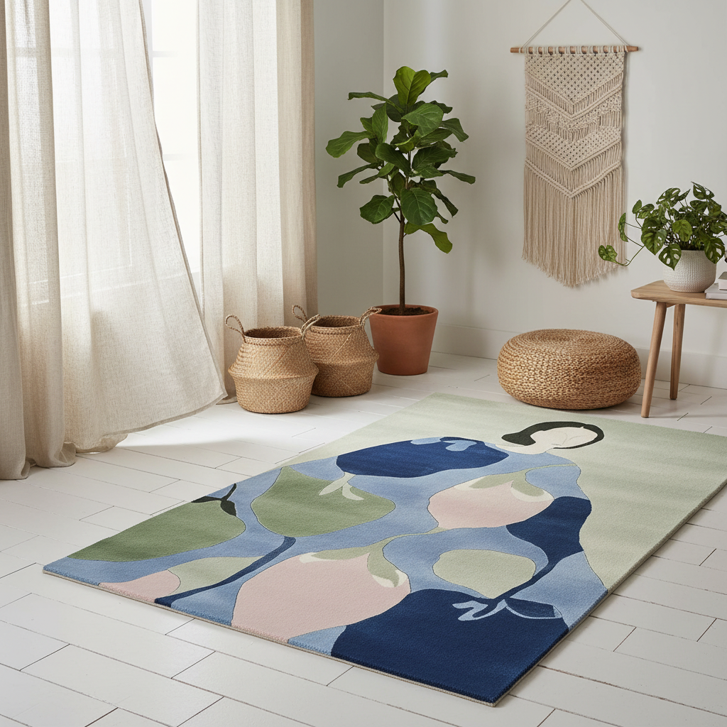 Decorative rug with floral pattern in a room with plants and a macrame wall hanging.