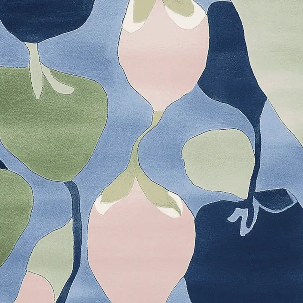 Close-up view of the Hidden Among Blossoms Hand Tufted Rug, showcasing its contemporary design. This area rug features abstract floral patterns in soft pastel colors like pink, green, and blue, making it a perfect wool rug for modern living rooms. Ideal for 8x10 spaces, this area rug adds a touch of elegance and style to any living room setting.