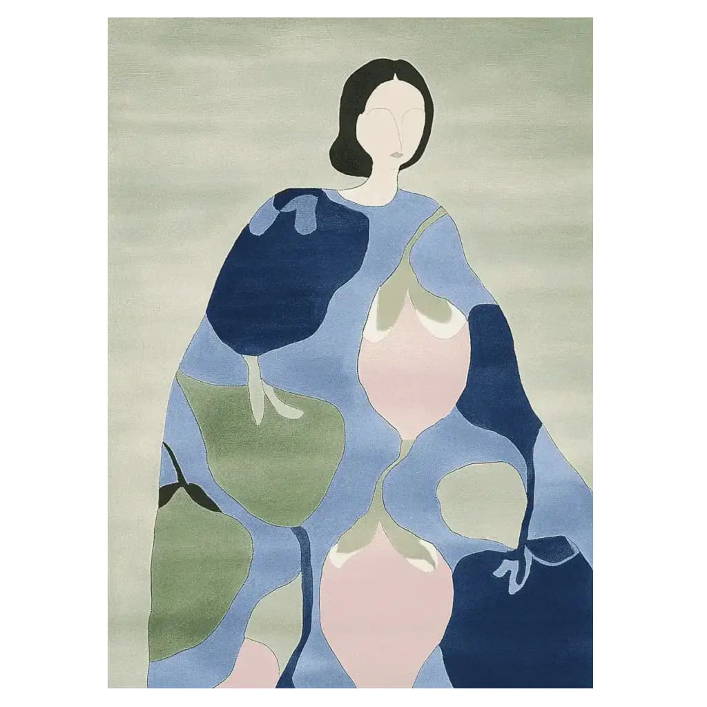 Contemporary area rug featuring an abstract design in blue, green, and pink tones, depicting a faceless figure among blossoms. This wool rug is perfect for adding a modern touch to living rooms, especially with its 8x10 size, making it an ideal choice for stylish area rugs for living rooms.