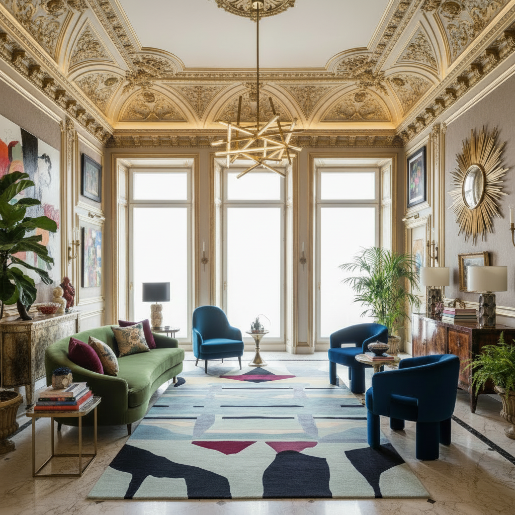 Luxurious living room with ornate ceiling, a contemporary hand-tufted wool rug, large windows, and modern furniture.