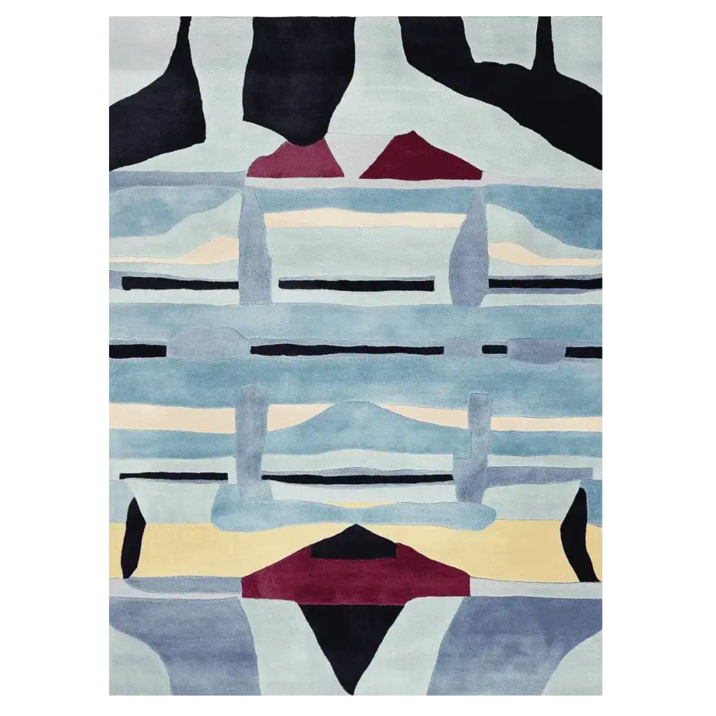 Top view of a Hidden Grid Code Hand Tufted Area Rug, showcasing an abstract design with a mix of soft blue, red, yellow, and black tones. This contemporary wool rug, sized 8x10, adds a modern touch to any living room.